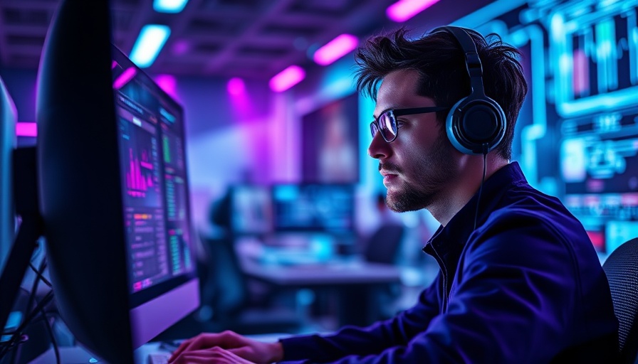 Futuristic scene of a software engineer working in a tech environment.