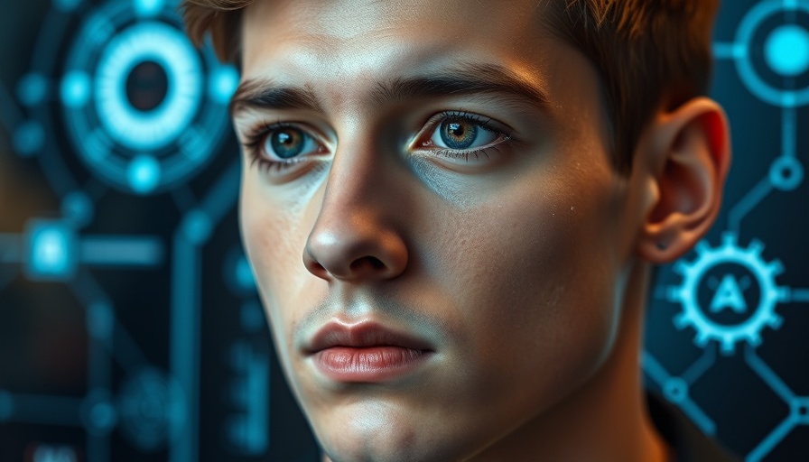 AI news themed futuristic facial recognition interface on young man's face.