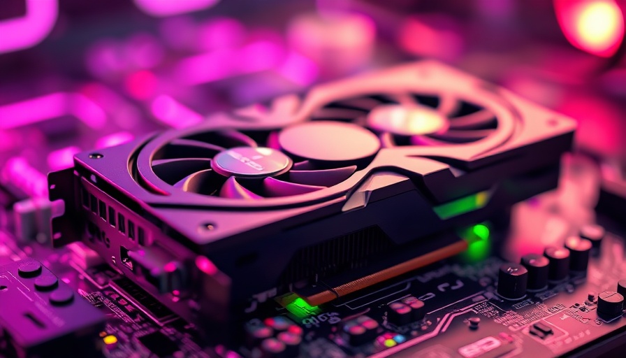 Futuristic NVIDIA graphics card on motherboard, glowing lights.