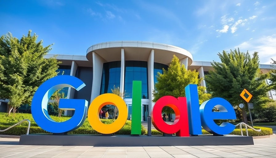 Google logo sculpture outside modern building under blue sky.