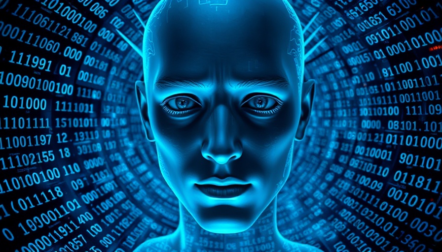 Agentic AI representation with digital face and binary code.