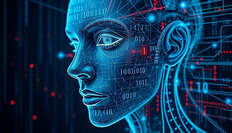 Digital face with binary code streams representing agentic AI, futuristic design.