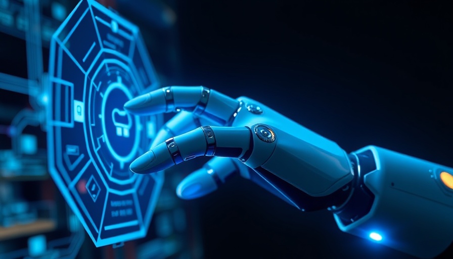 Futuristic robotic hand with holographic display.