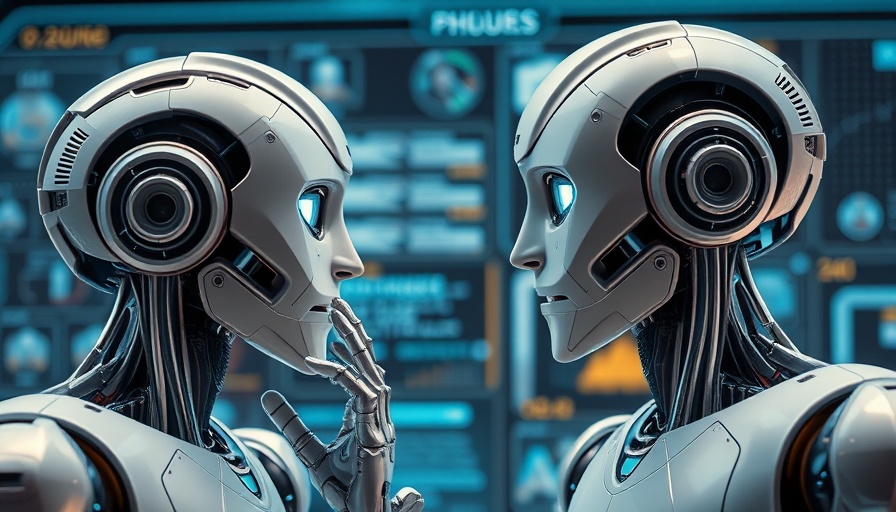 Futuristic AI agents conversing with a digital interface background.