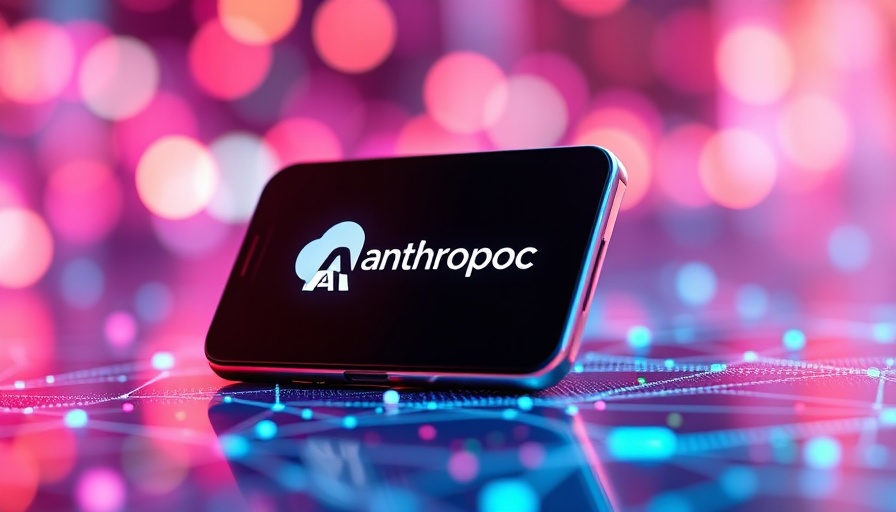 Futuristic phone showing Anthropoc AI, vibrant digital background.