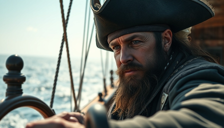 Rugged pirate steering ship, illustrating piracy concept.
