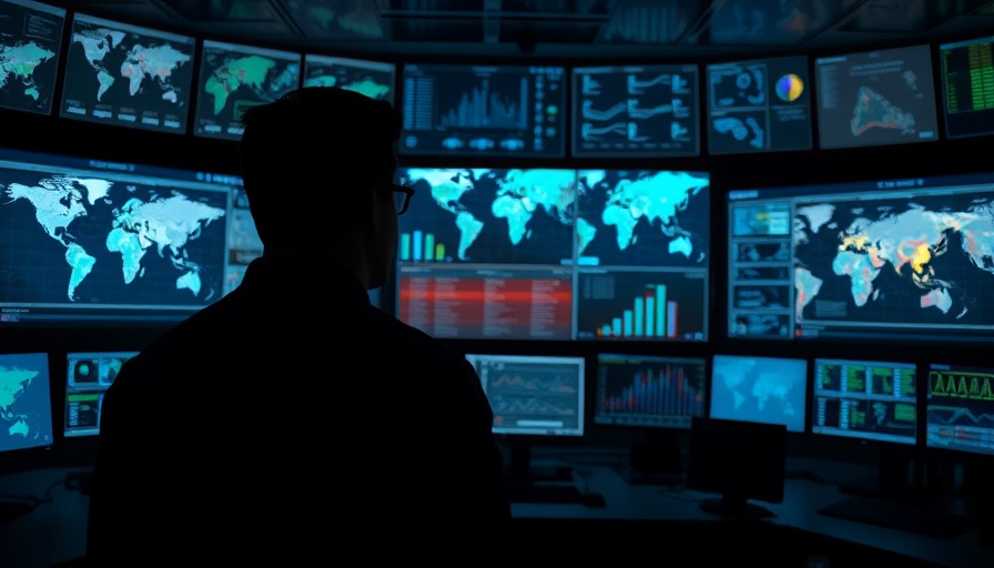 AI in crisis management: technician monitors data screens.