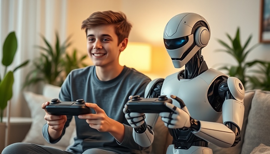 Teen and robot gaming in a cozy living room, text-based adventure games AI.