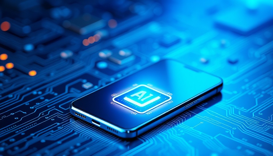 Sleek smartphones with AI chip, digital circuit theme, AI smartphone revolution.