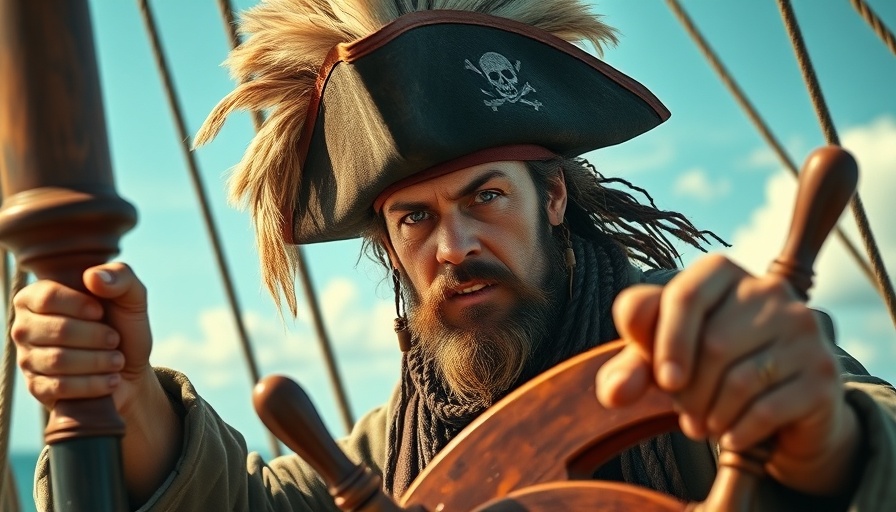 Pirate steering ship wheel with intense gaze in cinematic style.