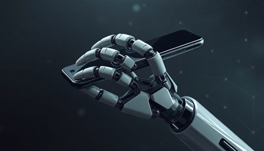 Futuristic robotic hand holding smartphone, agentic AI concept.