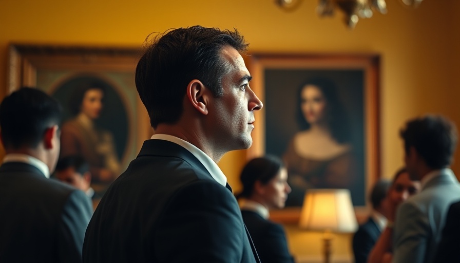Man in formal setting, contemplative, framed portrait background.