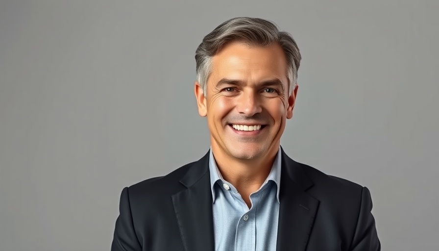 Smiling man in dark suit against grey background.
