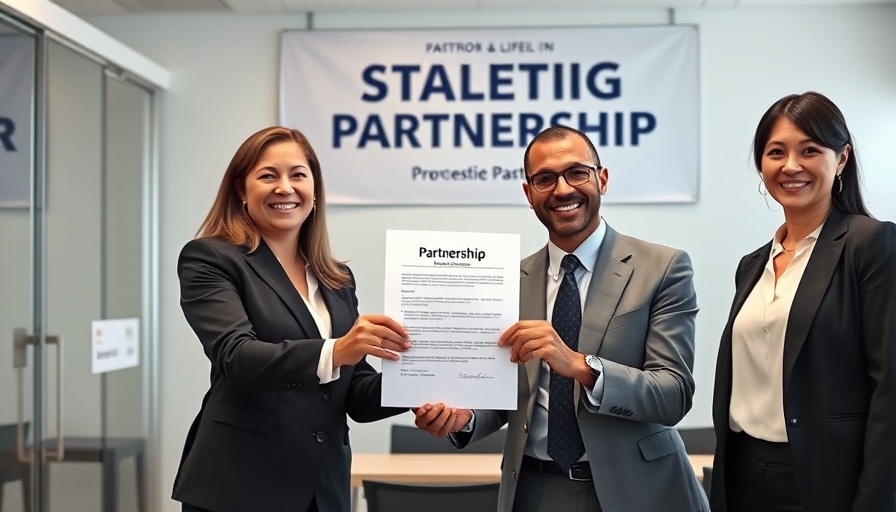 Agentic AI partnership, three professionals holding document in office.