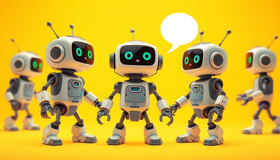 Charming cartoon robots in a vibrant yellow setting with speech bubble.