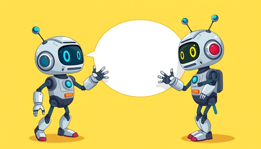 Cartoon robots interacting with a dialogue bubble, vibrant background