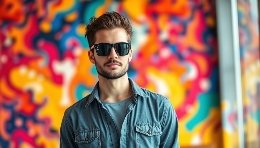 AI-driven content creation concept with casual man in front of abstract art.