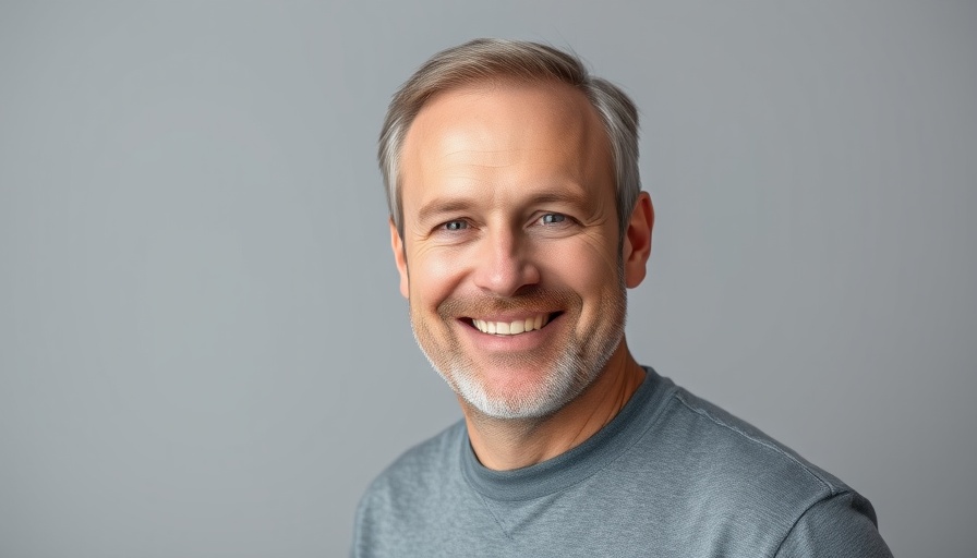 Confident middle-aged man smiling in a grey shirt, agentic ai.
