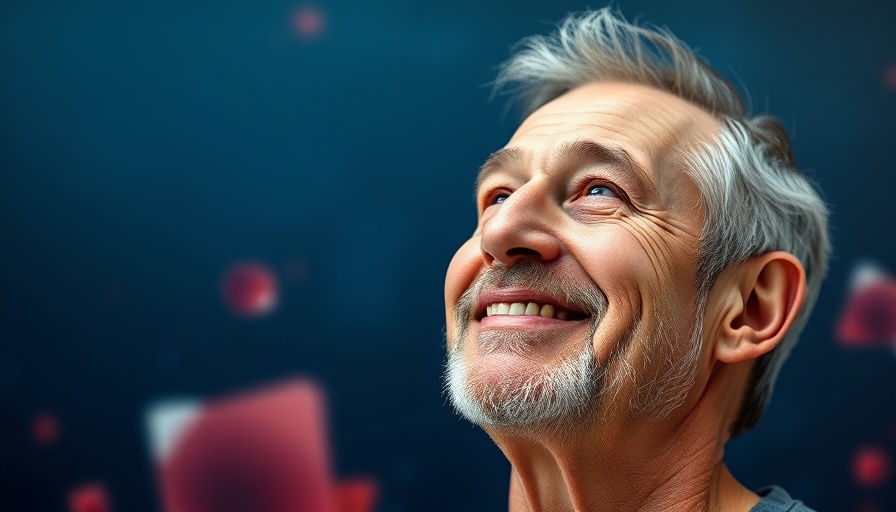 Serene man smiling against blue background, photorealistic.