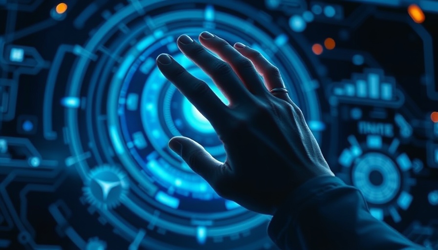 Futuristic AI hologram in a digital environment with tech elements.