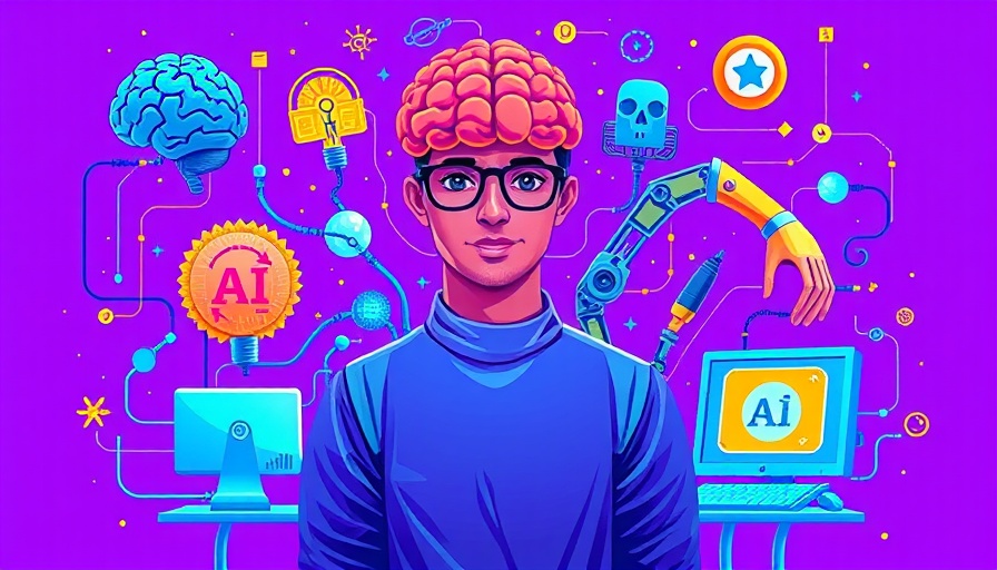 Vibrant illustration of AI concepts with a person on a purple background.