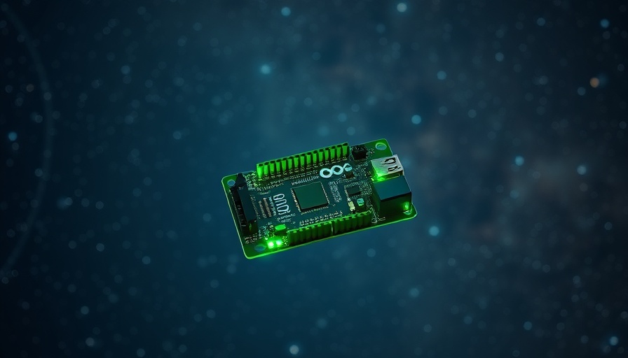 Green Arduino board glowing against a starry night sky, highlighting tech aura.