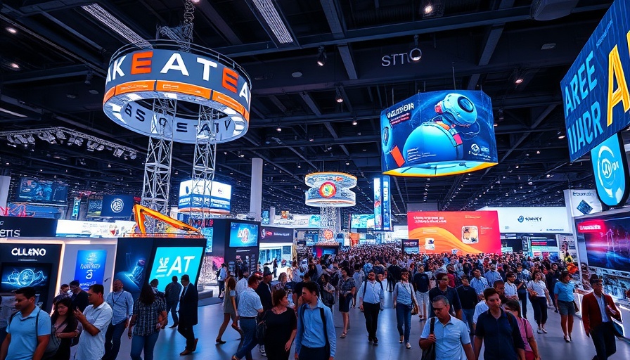 AI Empowering Smart Displays at a high-tech exhibition, vibrant atmosphere.