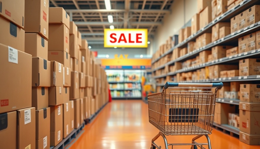 Cardboard boxes on sale in a grocery store aisle, vibrant setting.
