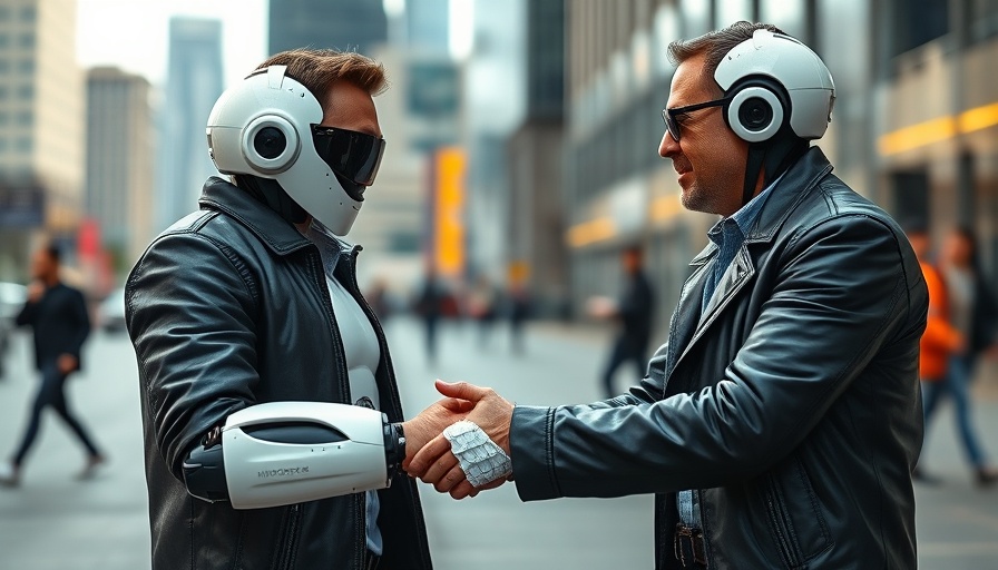 Agentic AI portrayed by a person interacting with a humanoid robot in a city setting.