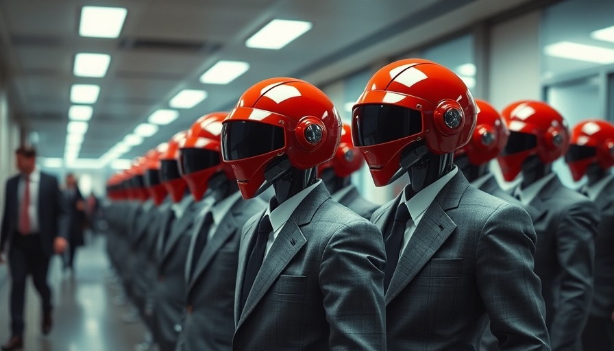 Lineup of agentic AI robots in suits in a corridor.