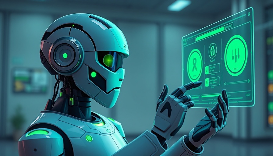 Agentic AI robot interacting with digital interface in vibrant green setting.