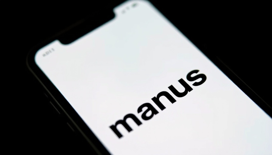 Close-up smartphone with 'manus' logo, related to agentic AI concept.