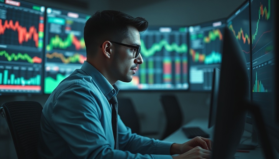 Focused businessman analyzing AI stocks trending on multiple monitors