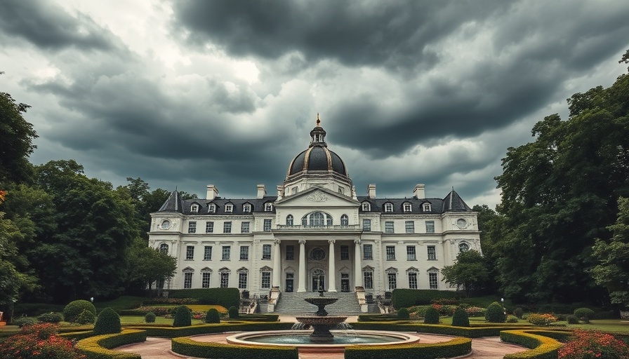 Historic building with dramatic clouds and greenery, AI security measures.