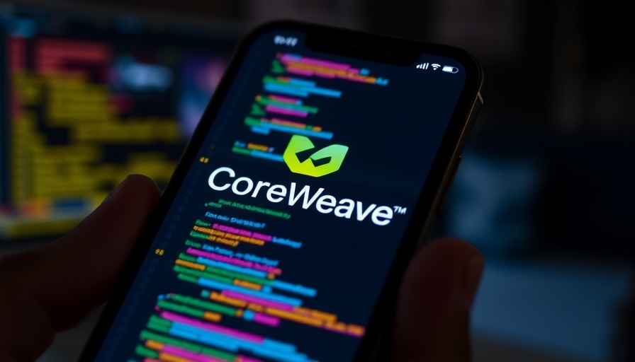 Smartphone displaying CoreWeave logo amid coding background.