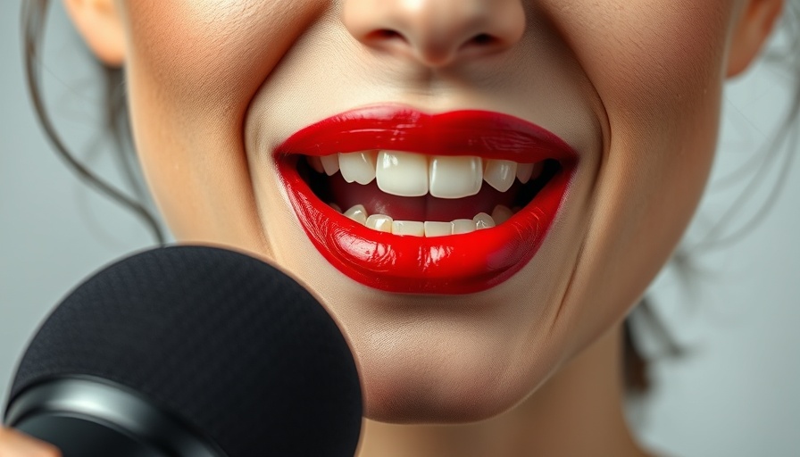Close-up of woman's mouth speaking into a microphone.