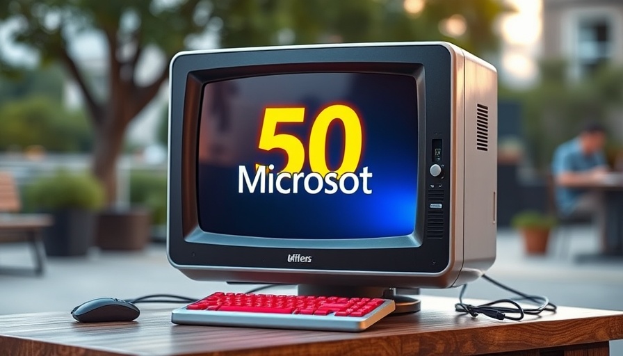 Retro computer with Microsoft logo celebrating 50 years, vibrant style.
