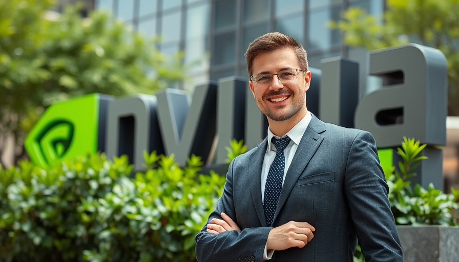 Confident businessman smiles beside Nvidia sign in corporate setting.