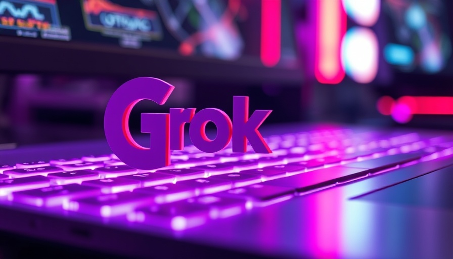 Grok AI logo on keyboard, vibrant tech colors.