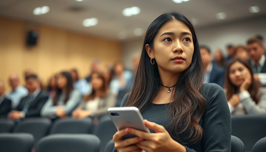 Young woman in lecture hall using phone, agentic AI discussion.