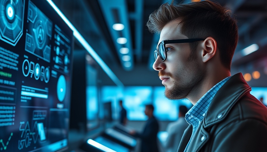 Man observing agentic AI devices in tech store with futuristic displays.
