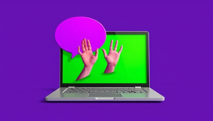 Digital illustration of a laptop with a purple speech bubble and hand gestures.