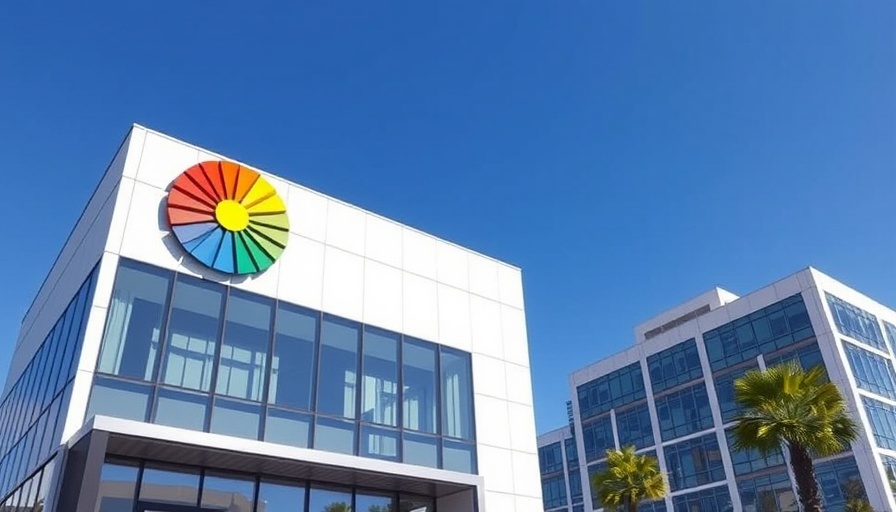 Office building showcasing a vibrant logo in daylight against blue sky.