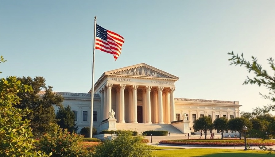 Supreme Court building with flag and greenery in sunlight.