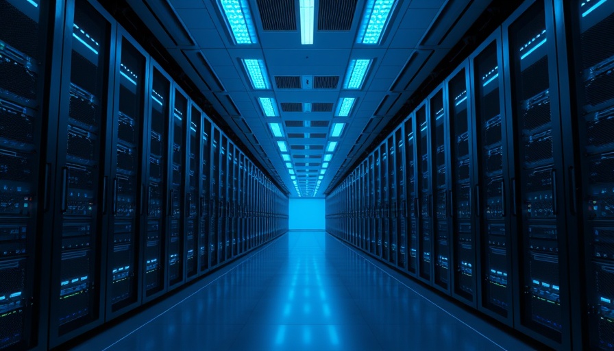 Futuristic data center with blue glowing server racks for AI edge applications.