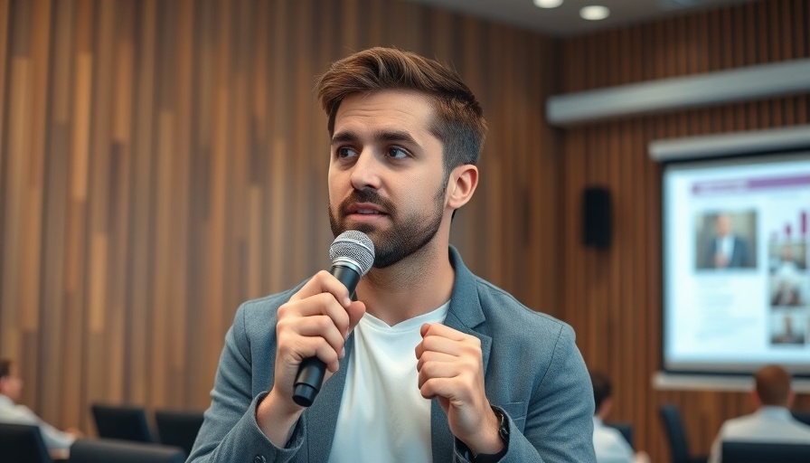 Casual male speaker discussing AI creative writing at a conference.