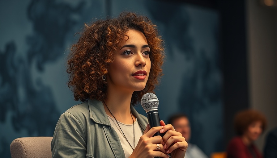 Casual conversation at AI news conference, woman holding microphone.