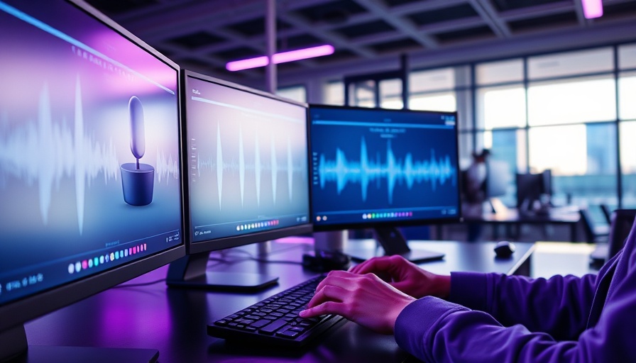 Voice assistant interface on two screens in an office setting.