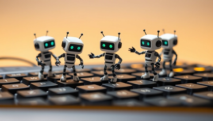 AI agent capabilities depicted with miniature robots on a keyboard.