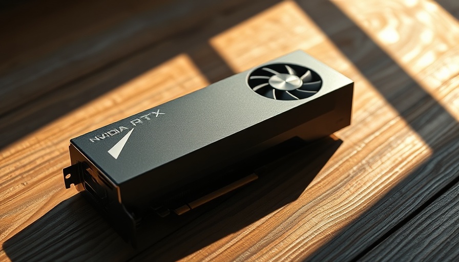Sleek Nvidia RTX 5060 GPU on wooden surface, casting shadows.